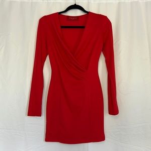 Red Long Sleeve V-neck Mini Dress
